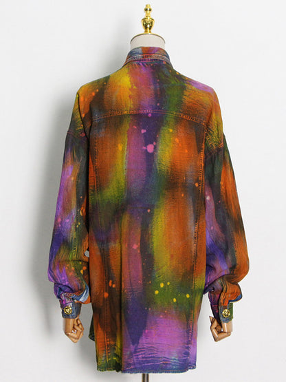 Fashion Denim Tie-Dyed Long Sleeves Buttoned Outerwear