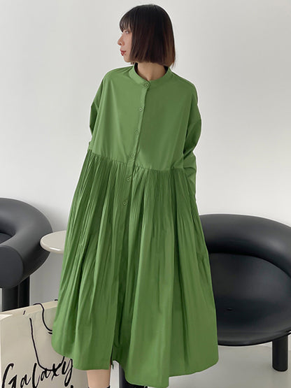Simple Solid Color Pleated Stand Collar Midi Dress