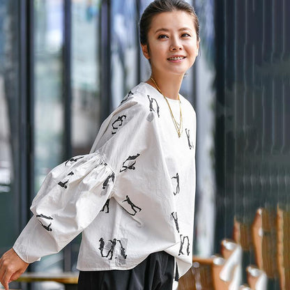 Buykud Character Print Lantern Sleeve Casual Blouse