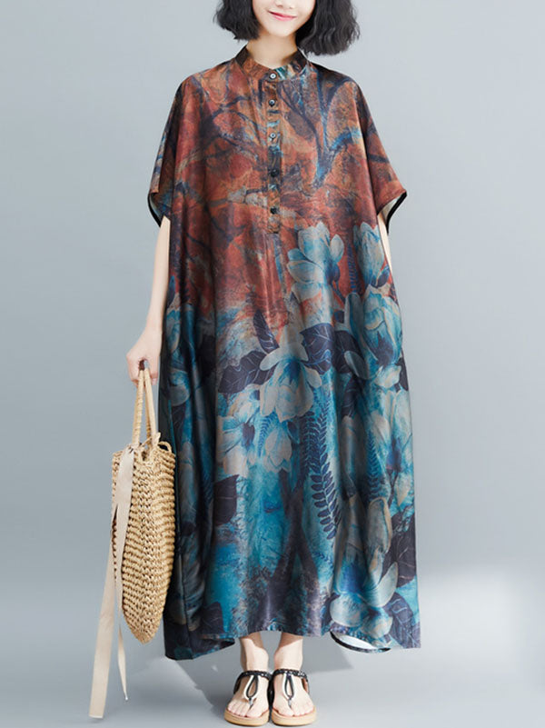 Vintage Loose Printed Stand Collar Batwing Sleeves Maxi Dress