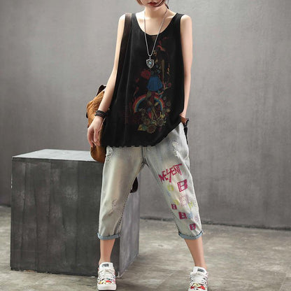Casual Print Linen Loose Sleeveless Top