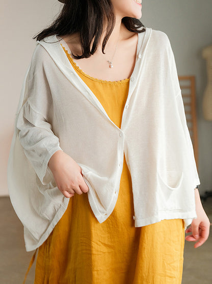 Casual Batwing Sleeve Hooded High-Low V-Neck Buttoned Cardigans