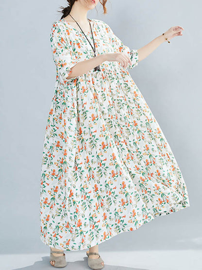 Casual Floral Printed Round-Neck Short Sleeves Midi Dress