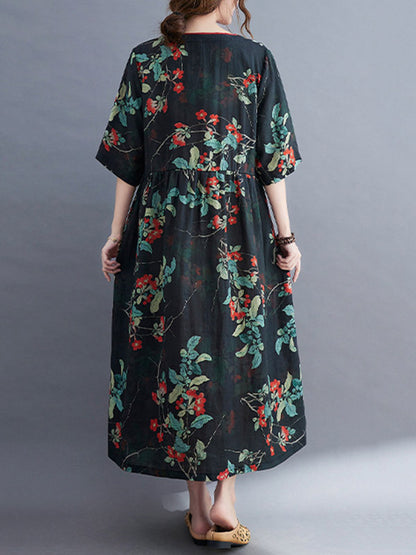 Artistic Retro Loose Tied Floral Printed Pleated V-Neck Short Sleeves Midi Dress