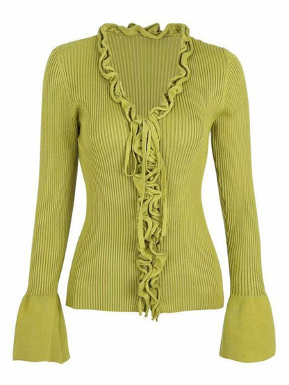 V-Neck Flared Sleeves Lotus Leaf Edge Knitting Blouse