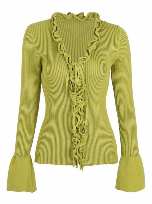 V-Neck Flared Sleeves Lotus Leaf Edge Knitting Blouse