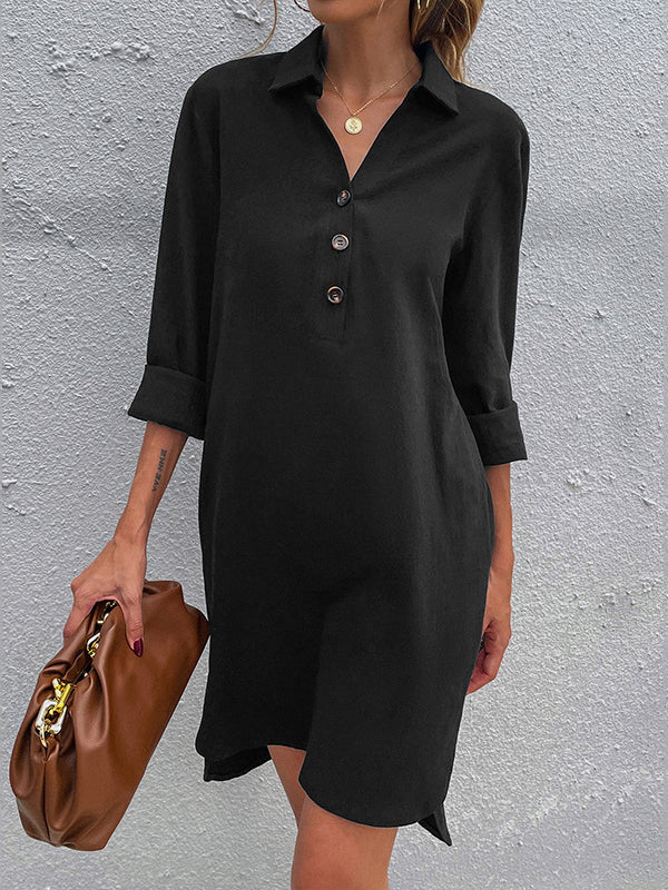 Casual Solid Color V-Neck Lapel Buttoned Half Sleeves Mini Dress