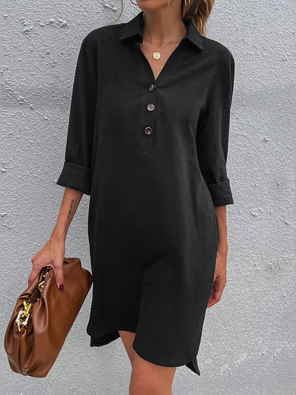 Casual Solid Color V-Neck Lapel Buttoned Half Sleeves Mini Dress