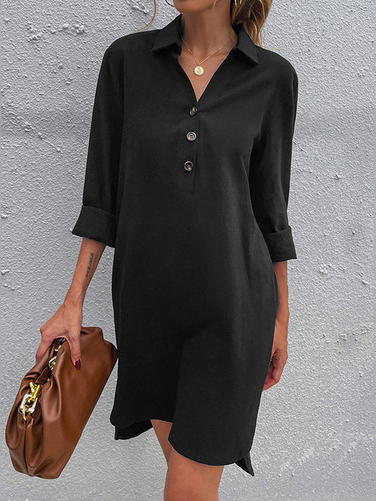 Casual Solid Color V-Neck Lapel Buttoned Half Sleeves Mini Dress