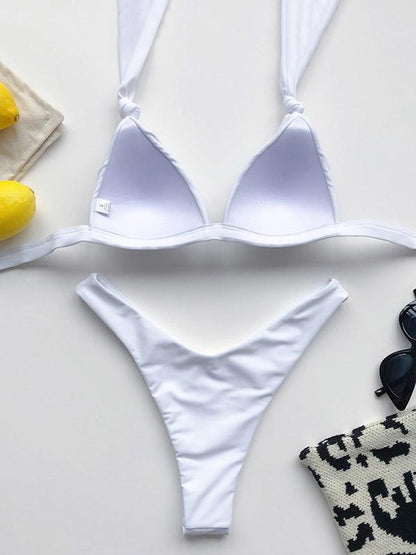 Solid Color Knotted Triangles Split Bikini Swimsuit