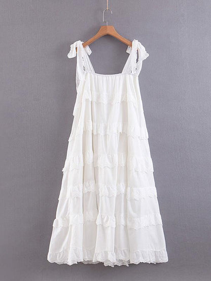 Ruffled A-line Spaghetti Neck Midi Dress