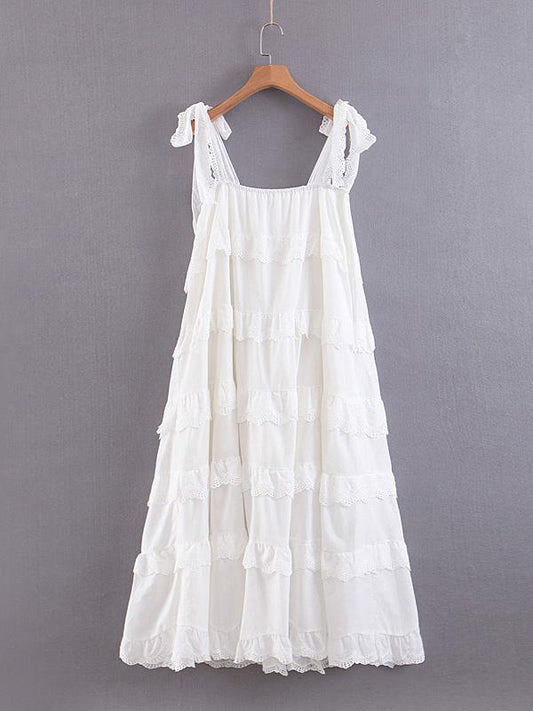 Ruffled A-line Spaghetti Neck Midi Dress