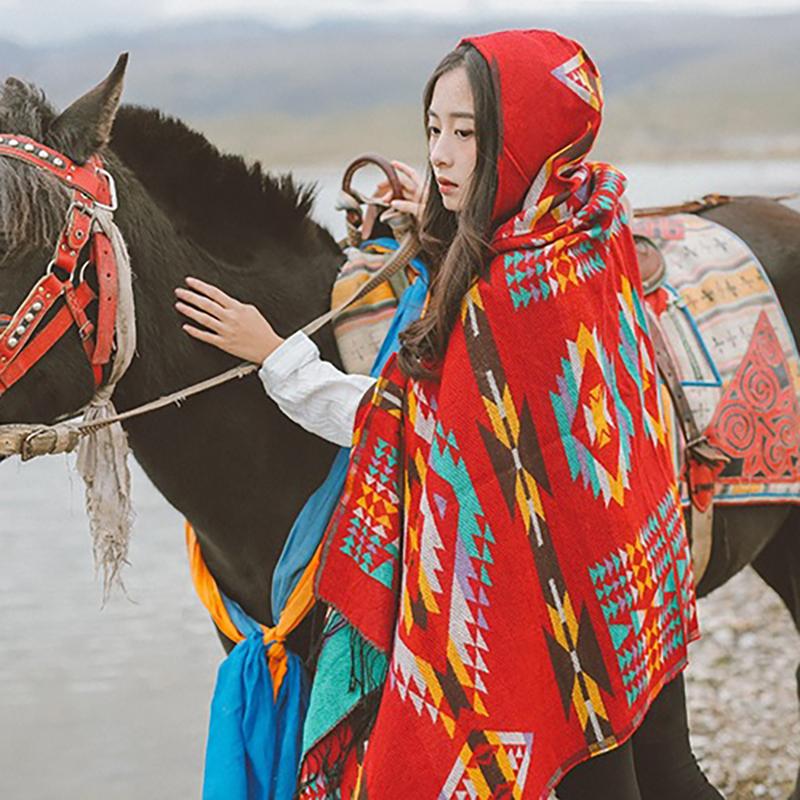 Buykud Autumn Winter Warm Printed Scarf Hooded Cloak