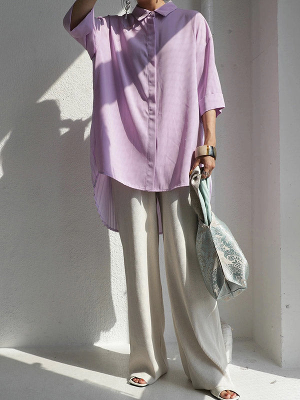 Stylish Solid Color High-Low Pleated Split-Joint Half Sleeves Blouse