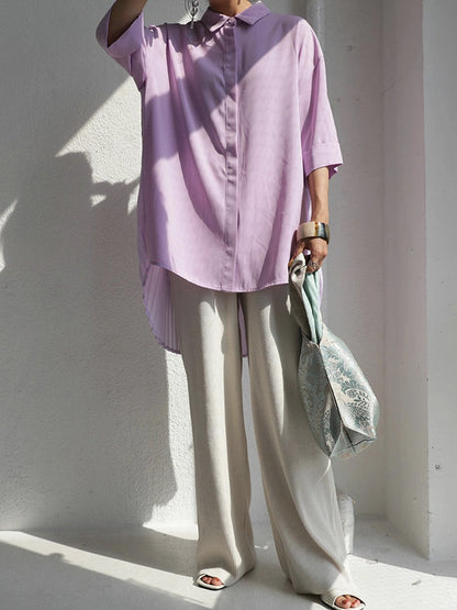 Stylish Solid Color High-Low Pleated Split-Joint Half Sleeves Blouse