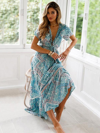 Hollow Printed Bow- Bohemia Maxi Dress