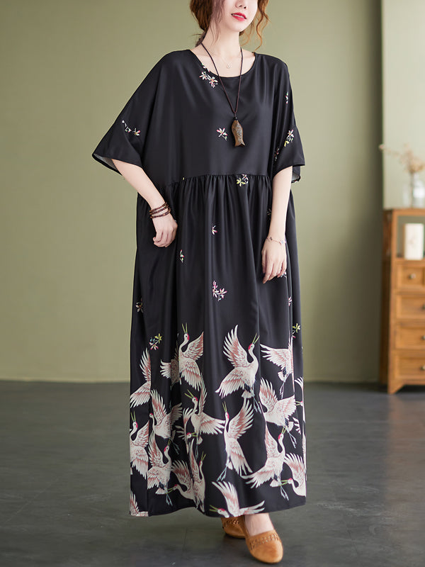 Stylish Crane Print Split-Joint Pleated Half Sleeves Maxi Dress