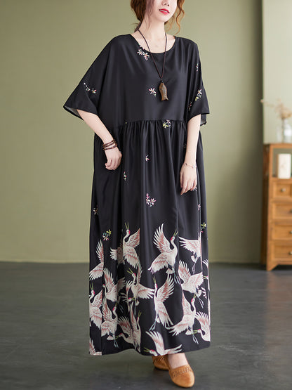 Stylish Crane Print Split-Joint Pleated Half Sleeves Maxi Dress