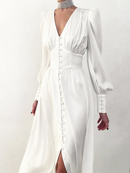 Urban Buttoned Split-Front High Waisted Puff Sleeve A-Line Midi Dress