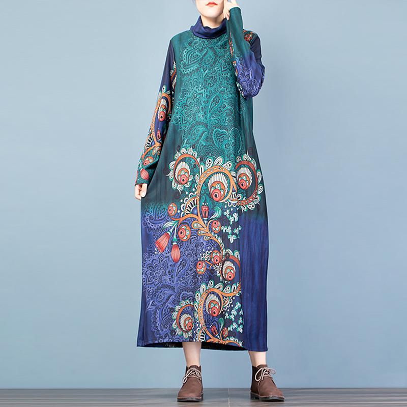 Buykud Printed Flocking Fashion Turtleneck Elegant Dress