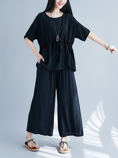 Plus Size Loose Solid Wide-leg Two-piece Suits