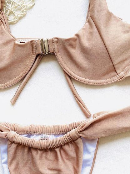Solid Color Underwired Split Bikini Swimsuit