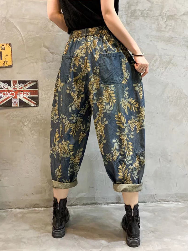 Vintage High-Waisted Floral Printed Harem Jean Pants Bottoms