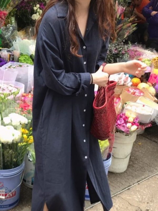 Casual Ramie Cotton Solid Color Buttoned Lapel Collar Long Sleeves Midi Shirt Dress