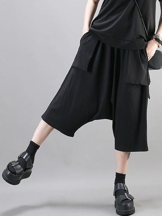 Simple Black Large Pockets Harem Pants