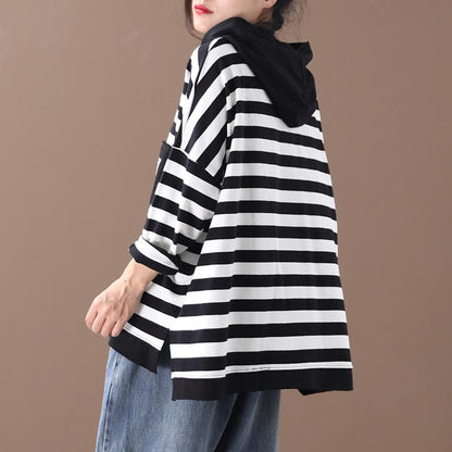 Buykud Loose Literary Patchwork Striped Pullover Hoodie