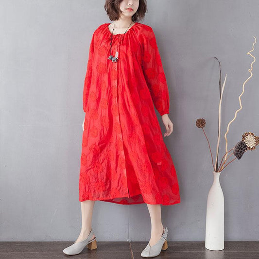 Embroidery Long Sleeve Lacing Single Breasted Red Dress