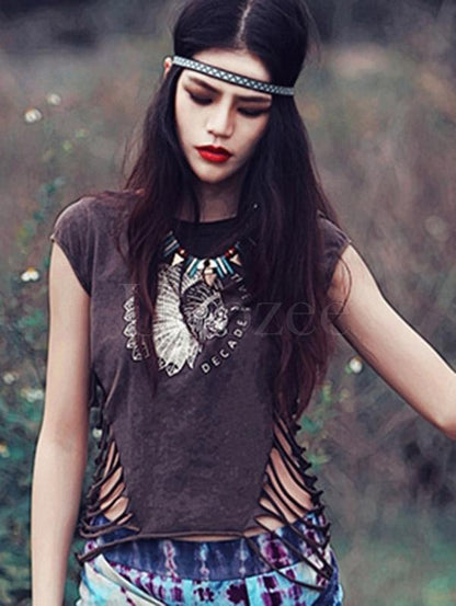 Retro Floral Printed Hollow T-shirt