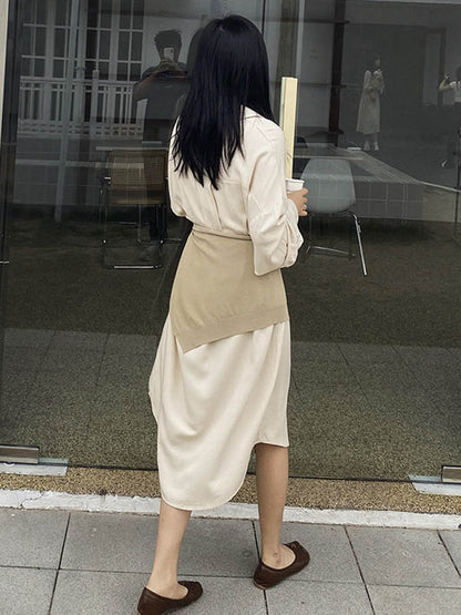 Simple Solid Color Buttoned Lapel Long Sleeves Shirt Dress