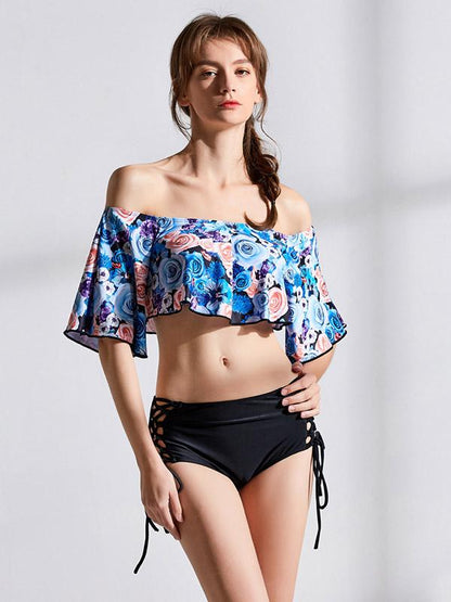 Off-the-shoulder Short Sleeves Printed Bikinis Swimwear