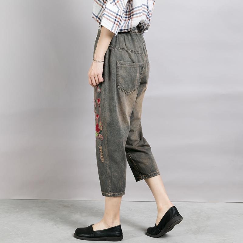 Embroidered Plant Worn Drawstring Nostalgic Jeans