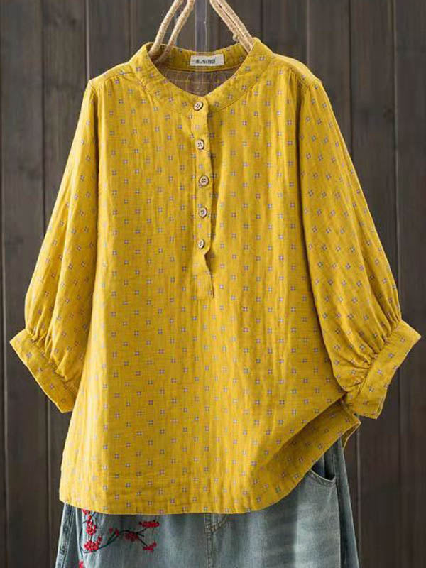 Simple Printed Buttoned Short Sleeves Blouse Top