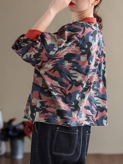 Casual Zipper V-Neck Camouflage Printed Long Sleeves Outerwear