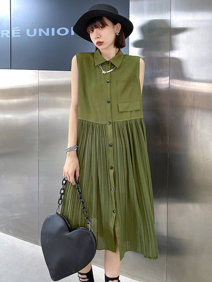 Fashion Split-Joint Pleated Sleeveless Lapel H-Line Midi Dress