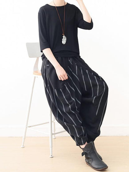 Loose Black Striped Split-joint Casual Pants