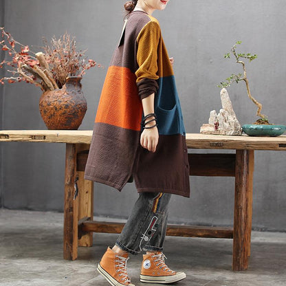 Buykud Retro Loose Colorblock Single-breasted Long Coat