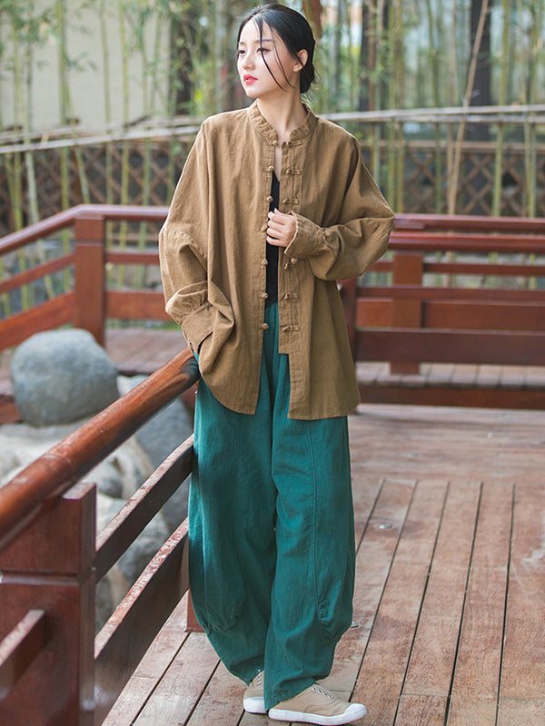 Original Artistic Retro Loose Solid Color Ramie Cotton Blouse Outwear