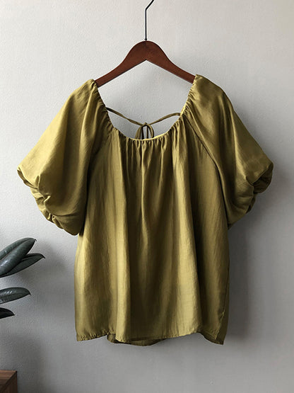 Urban Loose Solid Color Puff Sleeves Off-The-Shoulder T-Shirt