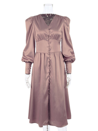 Urban Buttoned Split-Front High Waisted Puff Sleeve A-Line Midi Dress