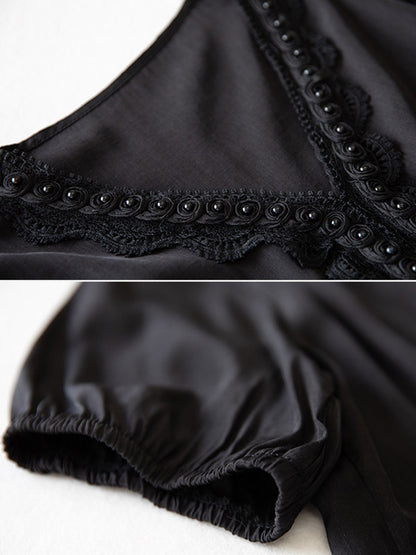 Casual Solid Color Split-Joint Lace Pleated Beaded V-Neck Elasticity Short Sleeves T-Shirt