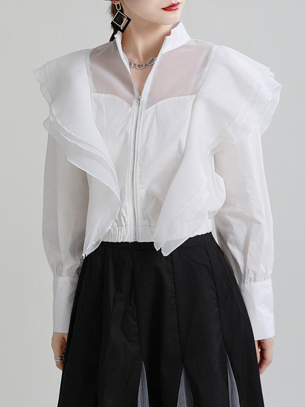 Stylish Solid Color Split-Joint Mesh Falbala Zipper Stand Collar Long Sleeves Outwear