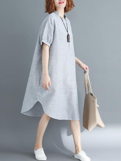 Loose Ramie Cotton Striped Shirt Dress