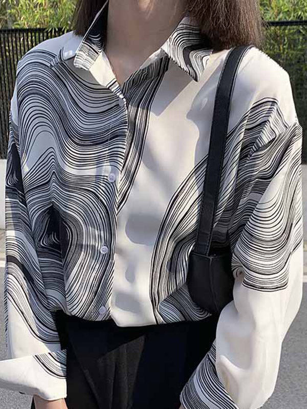 Urban Printed Buttoned Asymmetric Lapel Blouses Tops