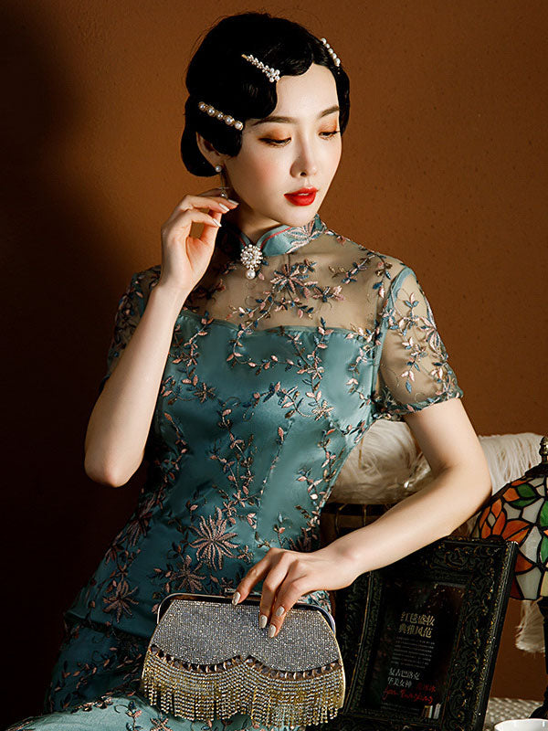 Vintage Tie-Dyed Hollow Beaded Split-Side Stand Collar Silk Cheongsam