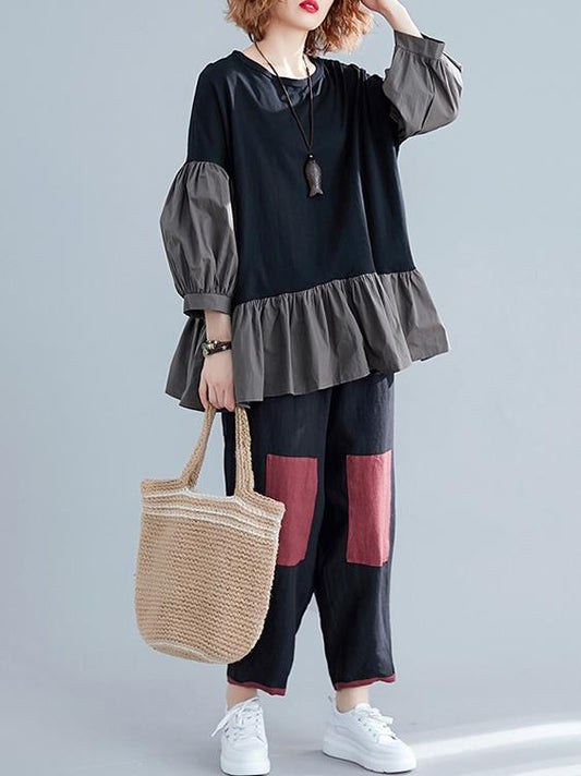 Loose Solid Falbala Split-joint Lantern Sleeve T-Shirt&Pants Suits