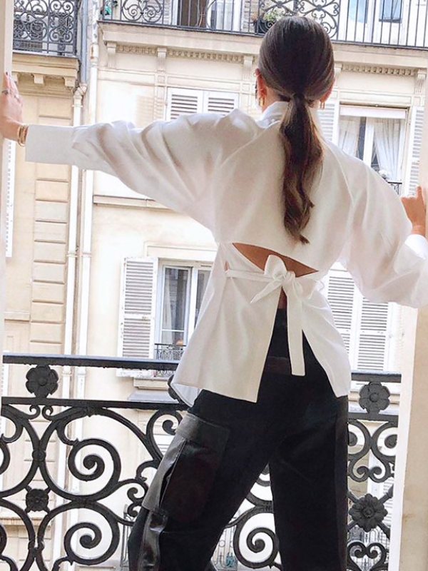 Urban White Hollow Bandage Lapel Long Sleeves Blouses
